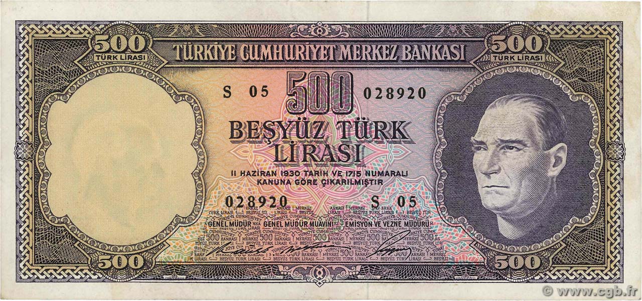 500 Lira TURKEY  1930 P.183 VF