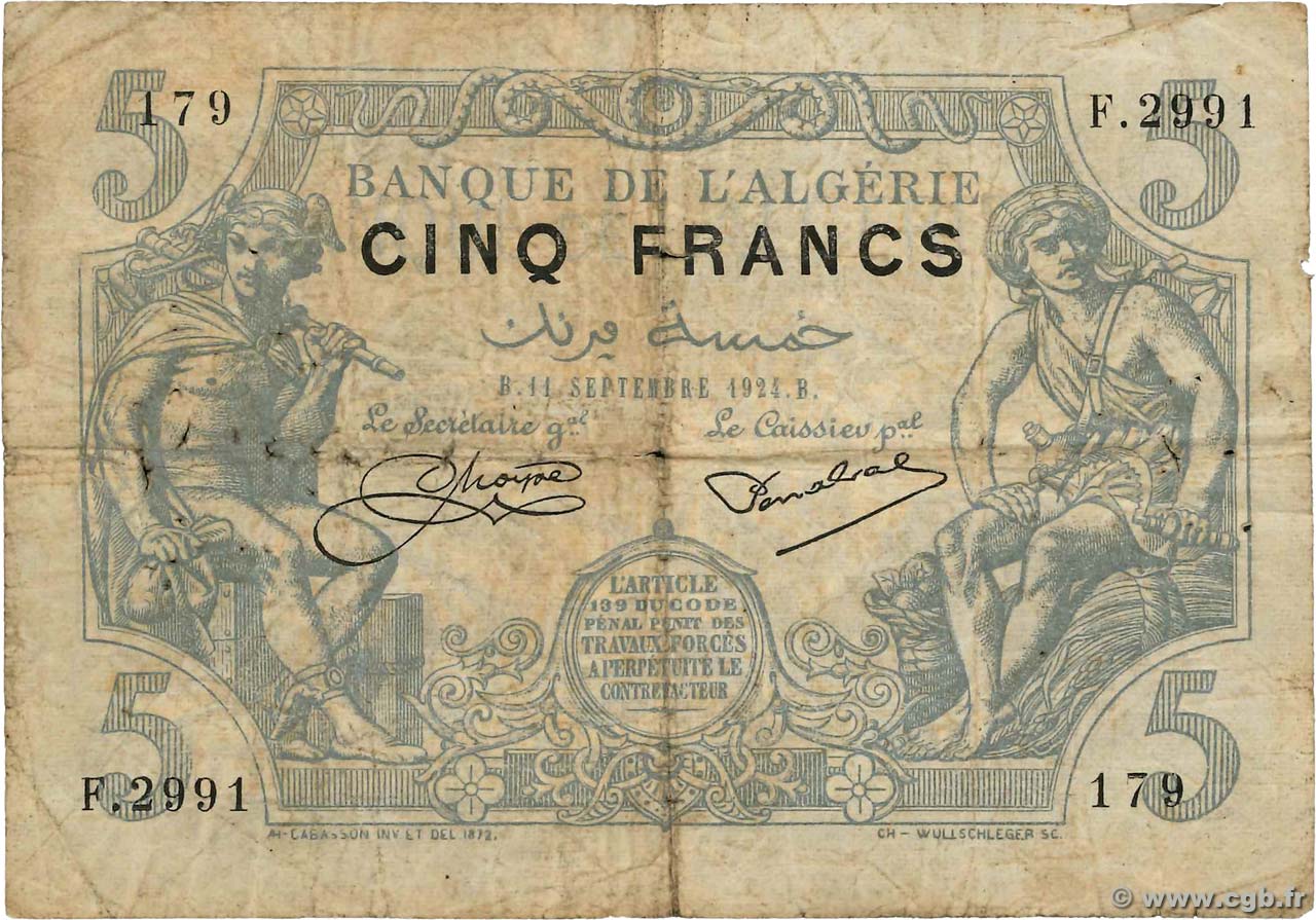 5 Francs ALGÉRIE  1924 P.071b B