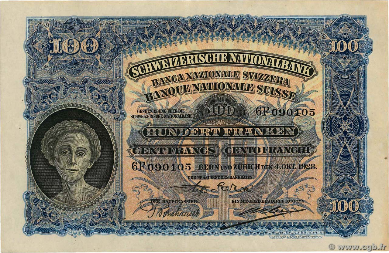 100 Francs SWITZERLAND  1928 P.35e VF+