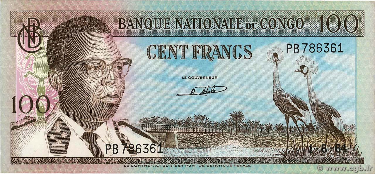 100 Francs RÉPUBLIQUE DÉMOCRATIQUE DU CONGO  1964 P.006a SUP à SPL