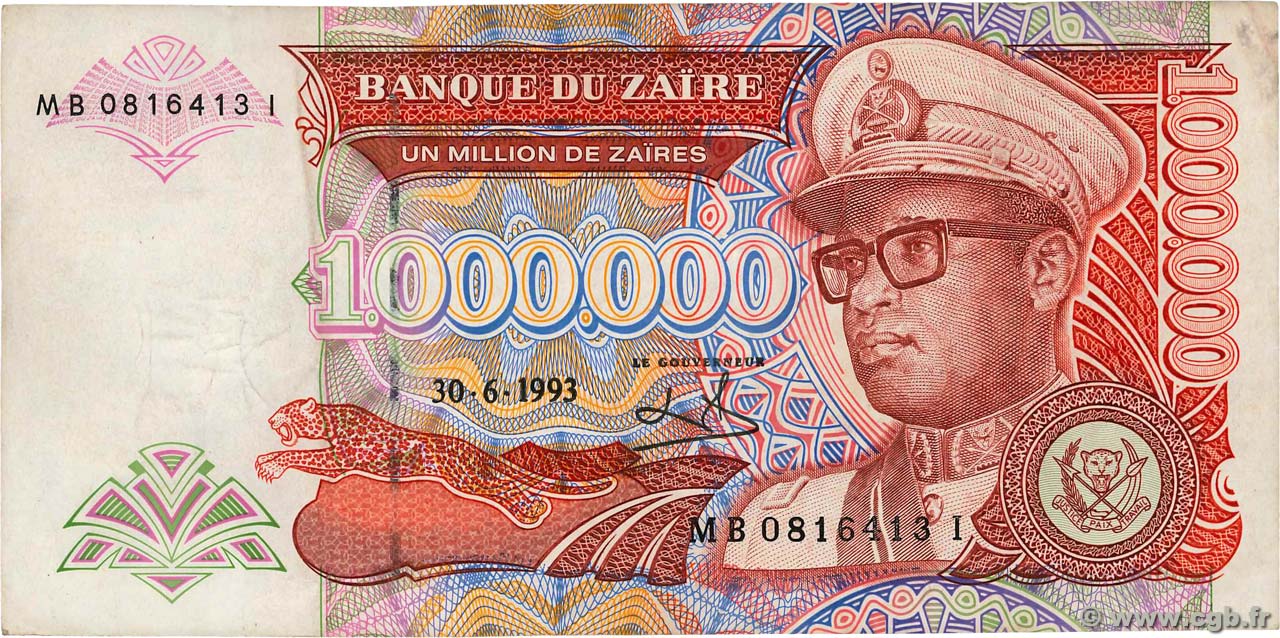 1000000 Zaïres ZAIRE  1993 P.45b F+