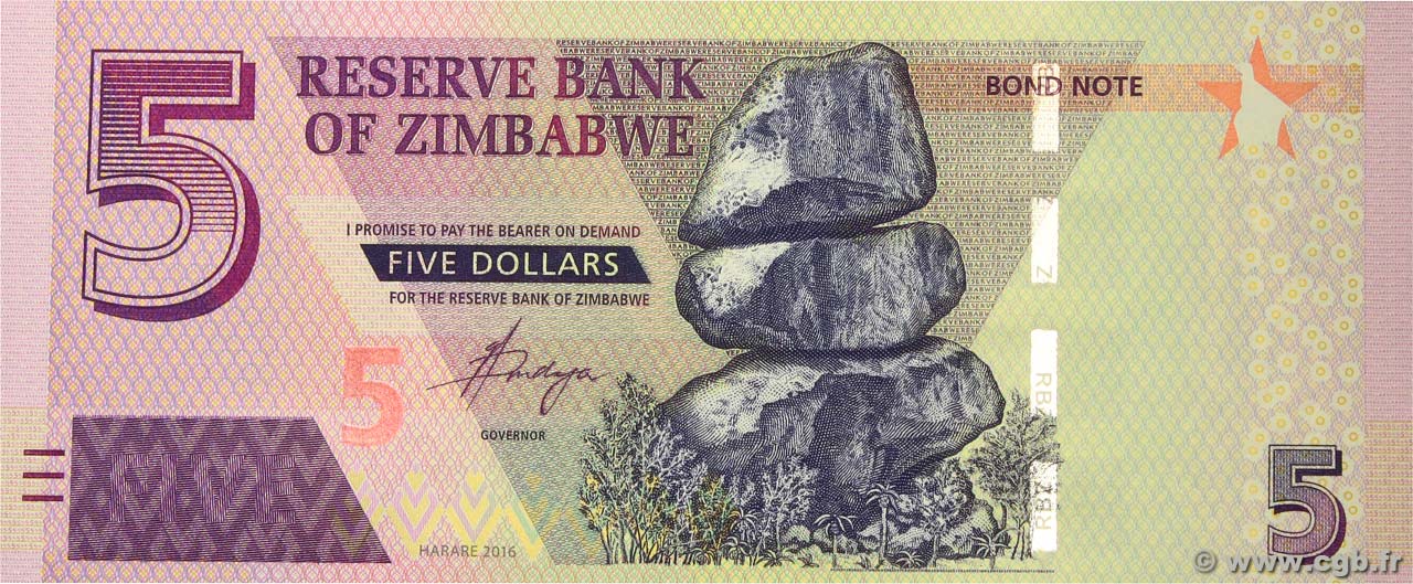 5 Dollars ZIMBABWE  2016 P.100 NEUF