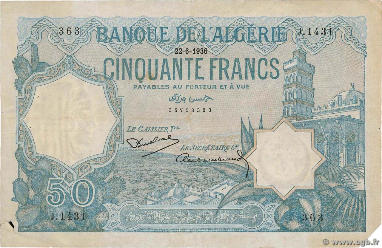 50 Francs Algeria 1928 P 080a B97 6976 Banknotes