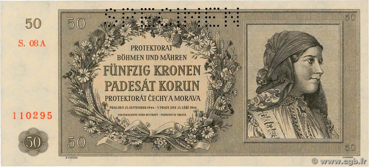 50 Korun Spécimen BOHEMIA & MORAVIA  1944 P.10s UNC
