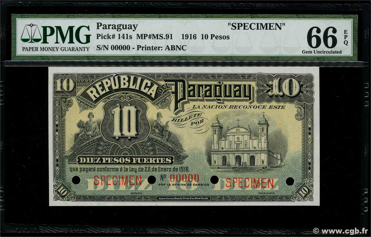 10 Pesos Fuertes Spécimen PARAGUAY Cambios 1916 P.141s ST