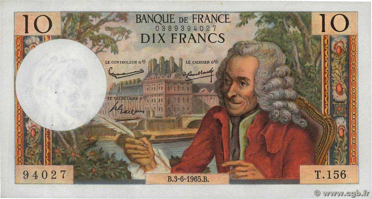 10 Francs VOLTAIRE FRANCE  1965 F.62.15 XF+