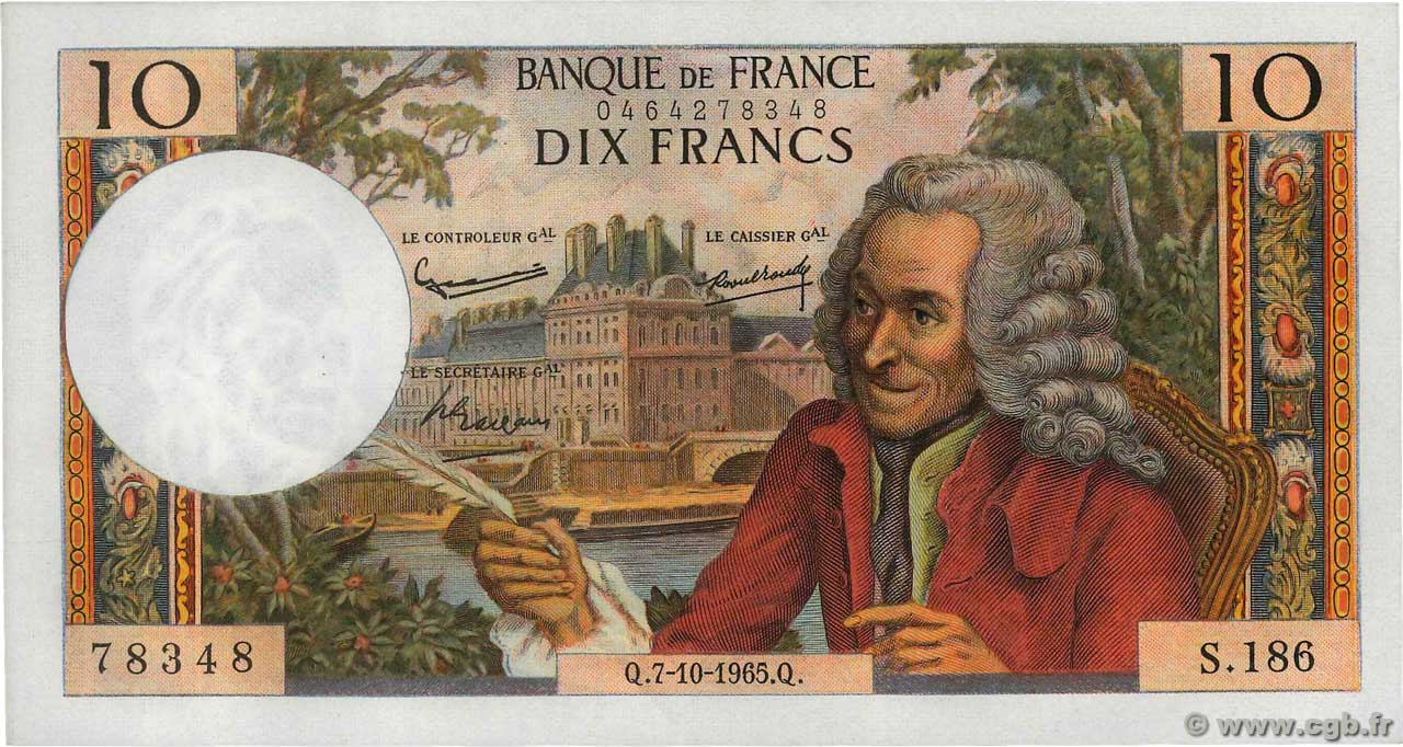 10 Francs VOLTAIRE FRANCE  1965 F.62.16 SUP+