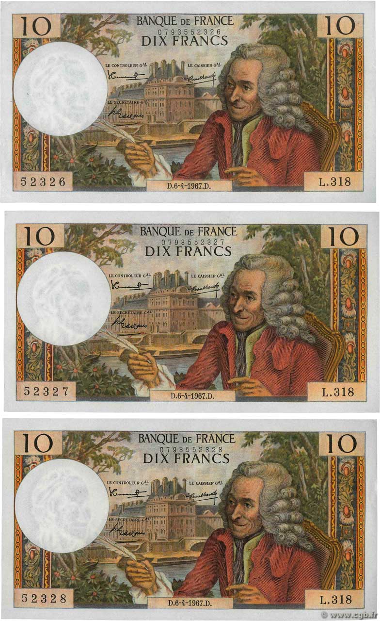 10 Francs VOLTAIRE Consécutifs FRANCE  1967 F.62.26 XF