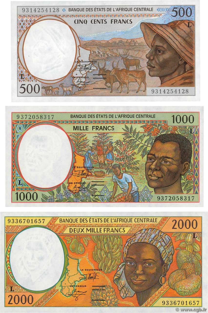 500, 1000 et 2000 Francs Lot STATI DI L  AFRICA CENTRALE  1993 P.401La, P.402La et P.403La FDC