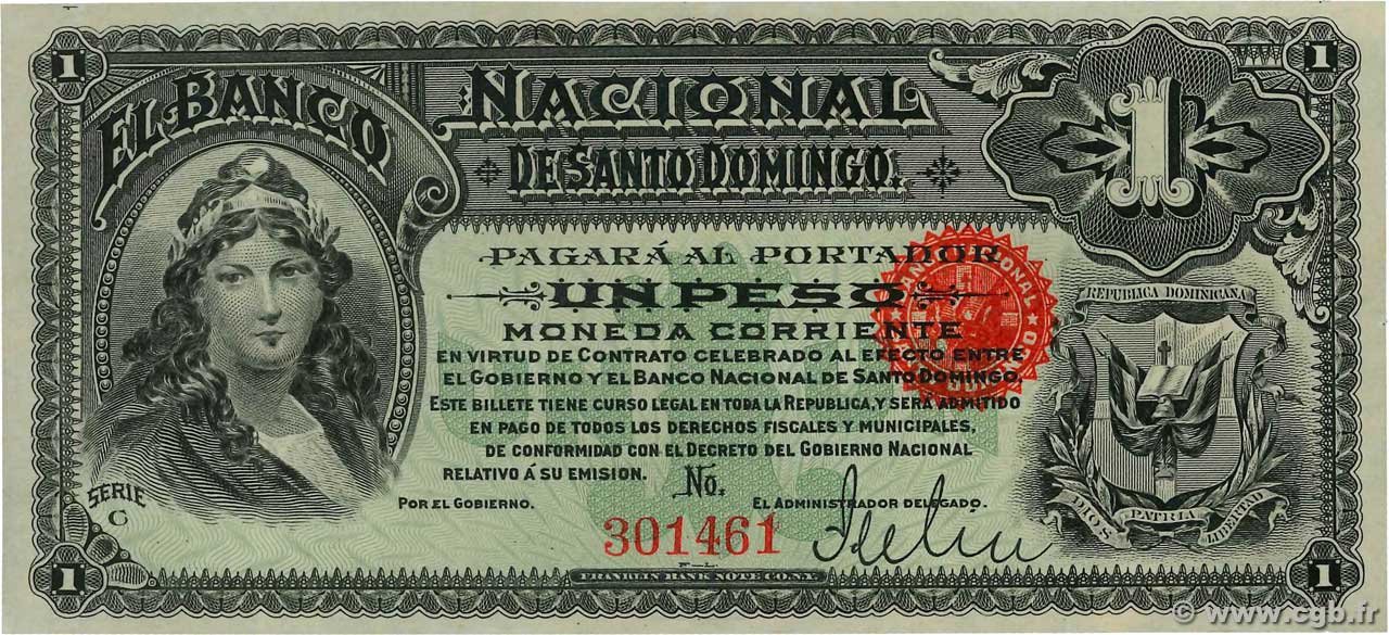1 Peso DOMINICAN REPUBLIC  1889 PS.131a AU