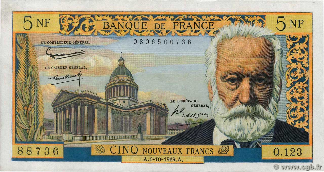 5 Nouveaux Francs VICTOR HUGO FRANCE  1964 F.56.16 SUP+