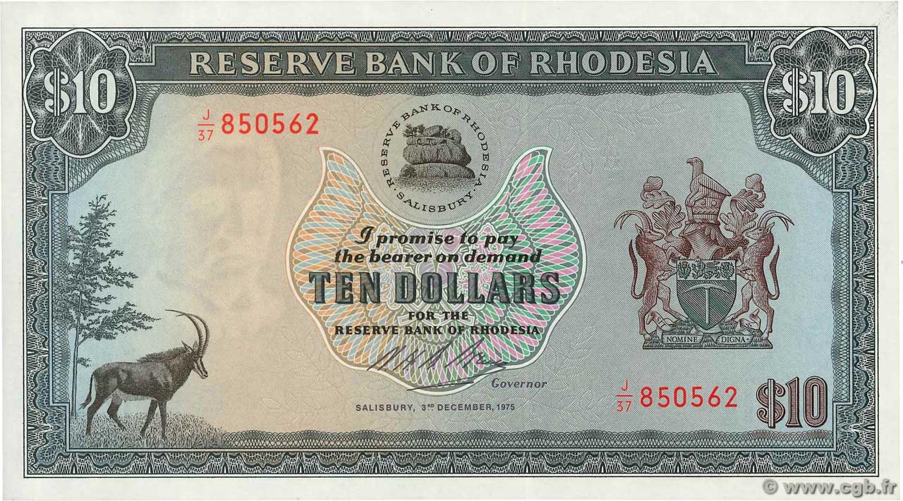10 Dollars RHODESIA  1975 P.33i q.FDC