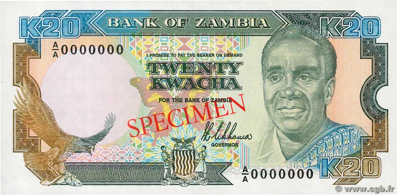 20 Kwacha Spécimen ZAMBIA  1989 P.32as FDC