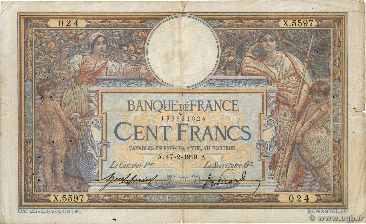 100 Francs LUC OLIVIER MERSON sans LOM FRANCE  1919 F.23.11 B+