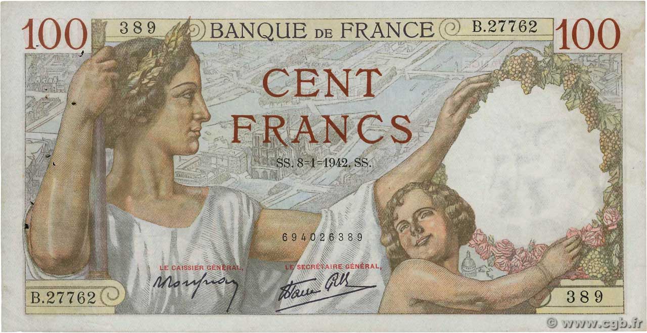 100 Francs SULLY FRANCE  1942 F.26.64 TTB