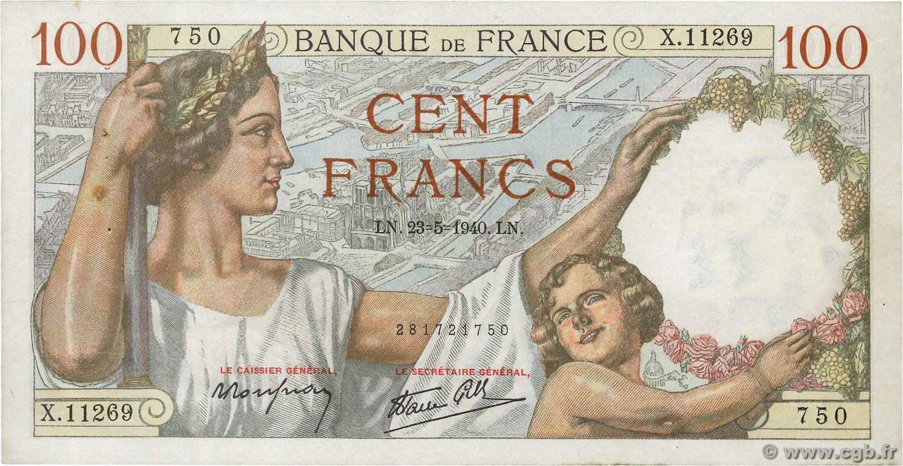 100 Francs SULLY FRANCE  1940 F.26.30 TTB