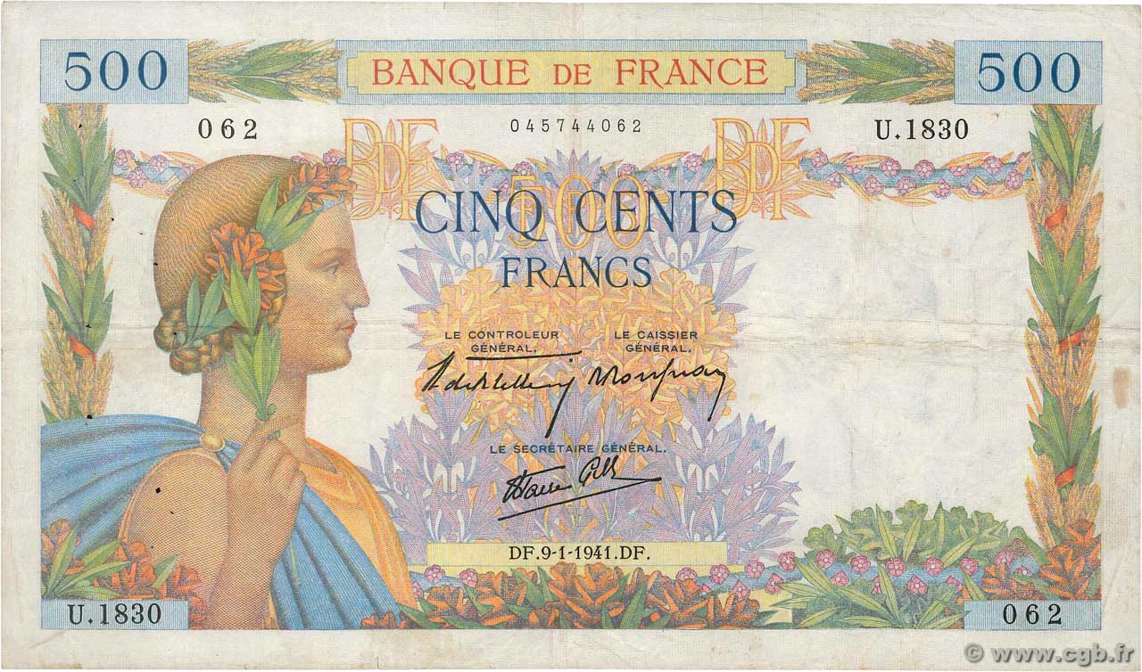 500 Francs LA PAIX FRANCE  1941 F.32.12 TB