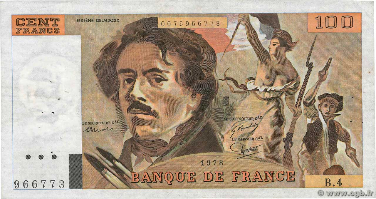100 Francs DELACROIX modifié FRANCE  1978 F.69.01c VF-