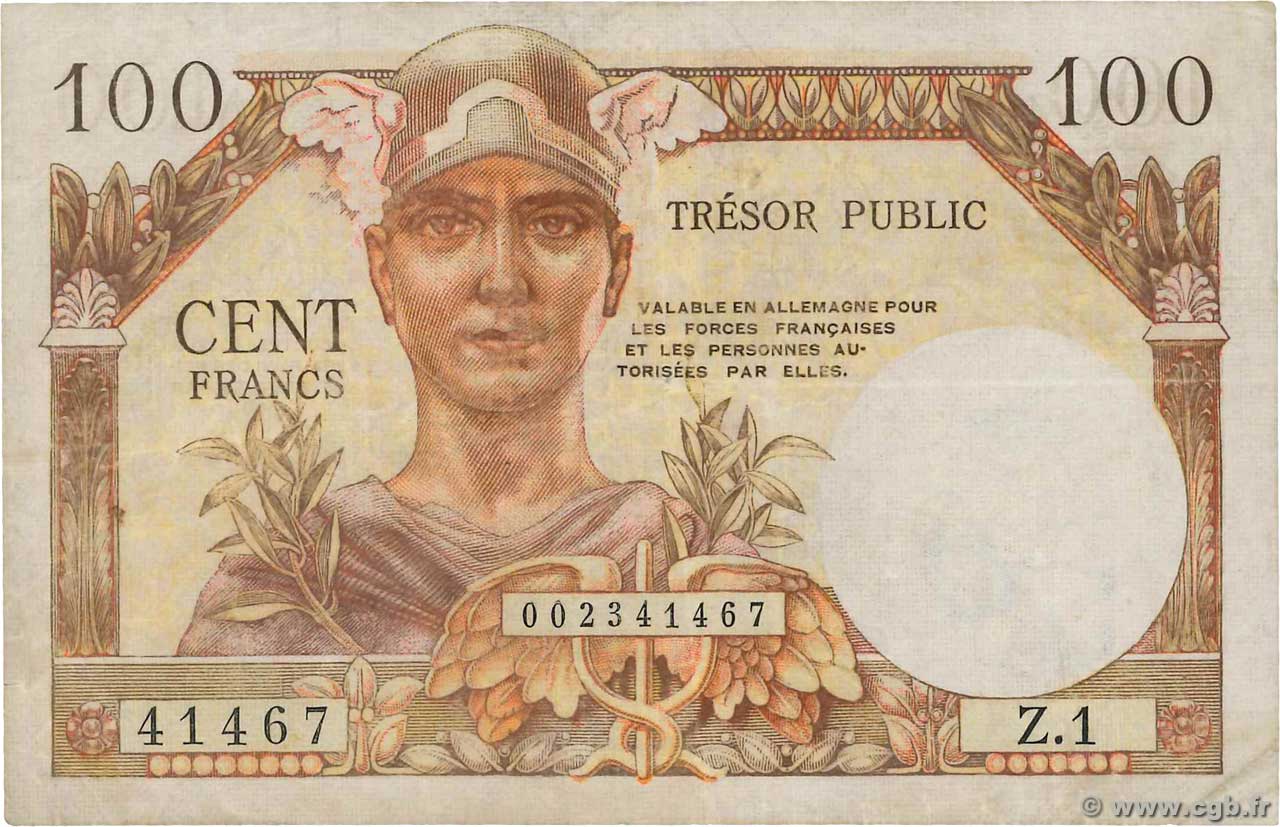 100 Francs TRÉSOR PUBLIC FRANCE  1955 VF.34.01 TB