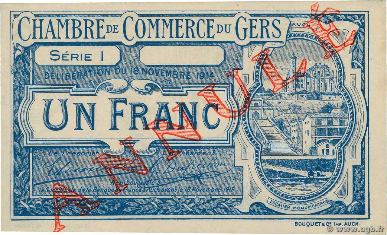 1 Franc Annulé FRANCE regionalism and miscellaneous Auch 1914 JP.015.08 UNC-