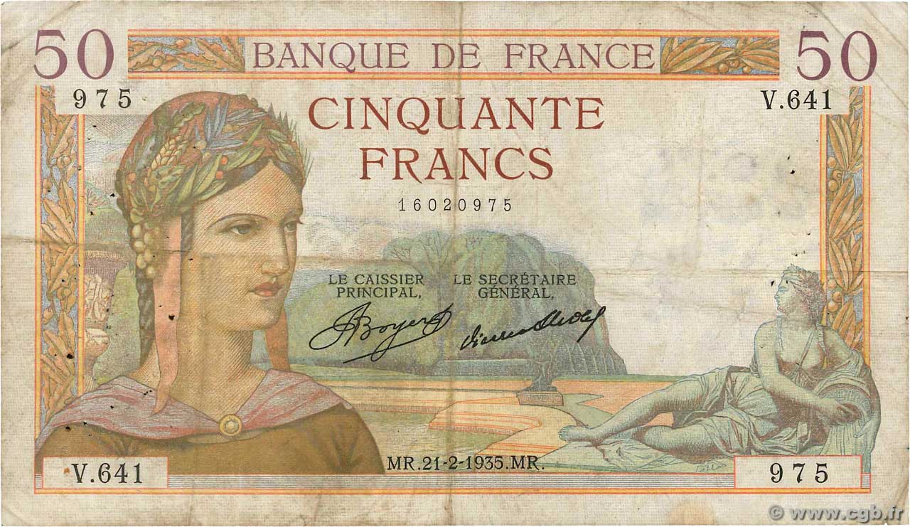 50 Francs CÉRÈS FRANCE  1935 F.17.04 pr.TB