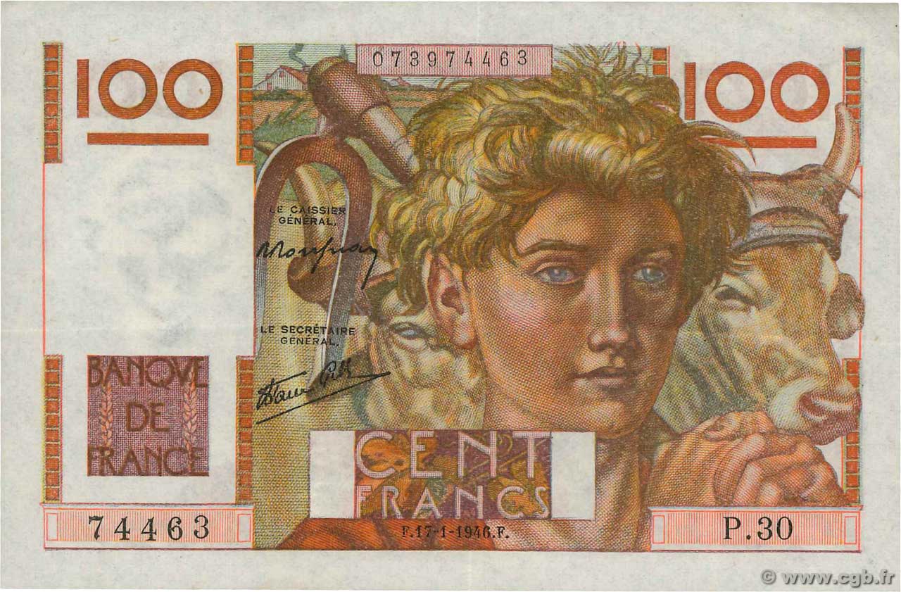 100 Francs JEUNE PAYSAN FRANCE  1946 F.28.02 TTB+