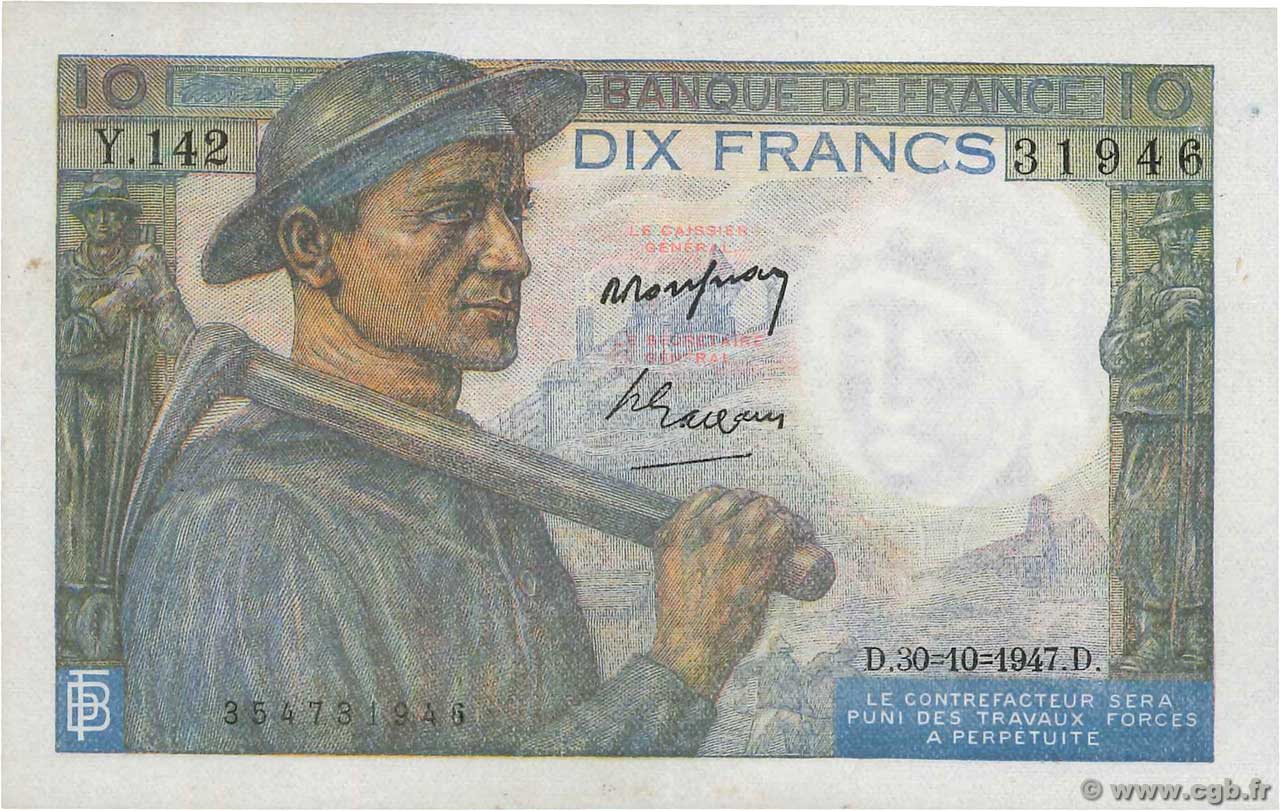 10 Francs MINEUR FRANCE  1947 F.08.18 XF
