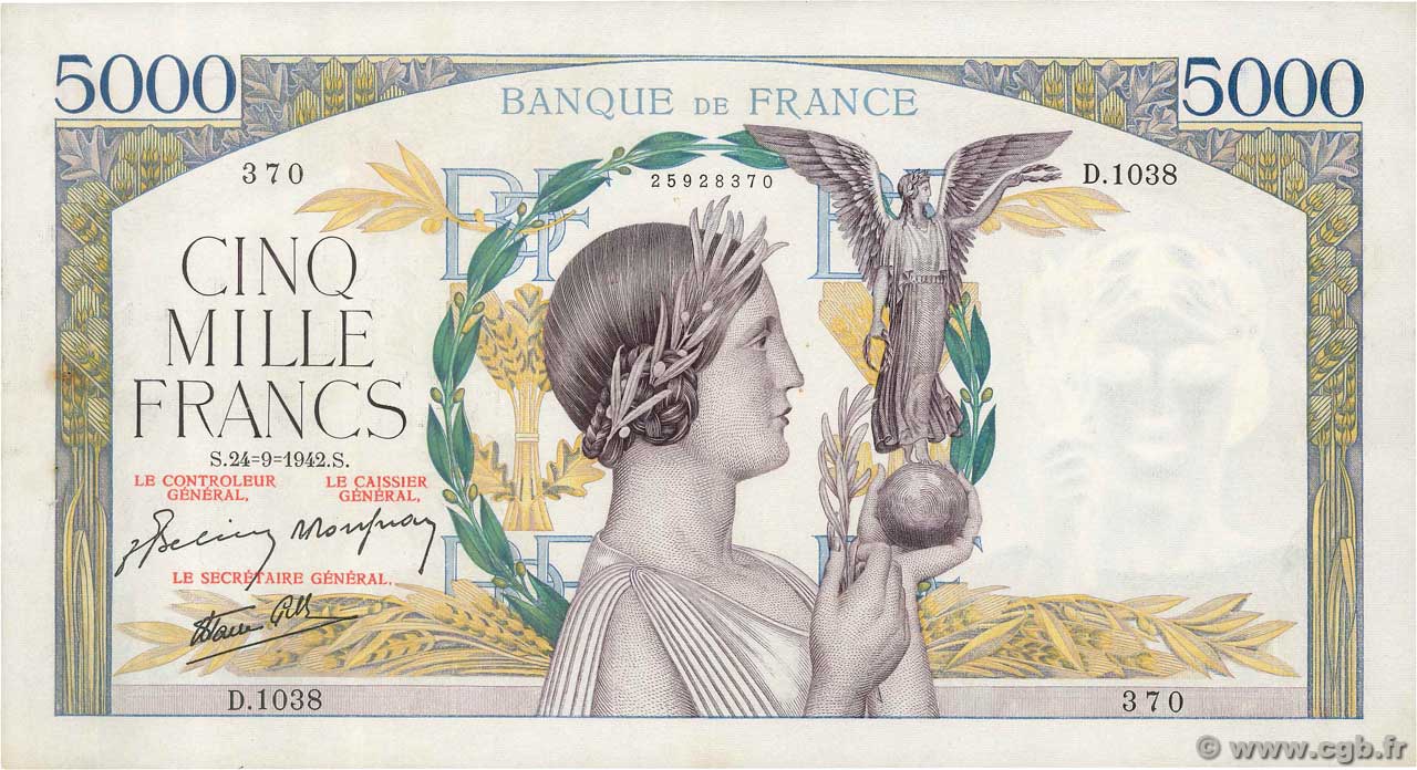 5000 Francs VICTOIRE Impression à plat FRANCE  1942 F.46.41 TTB