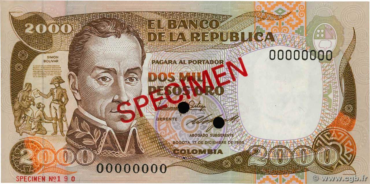 Billete De Colombia 2.000 Pesos Oro De 1985 