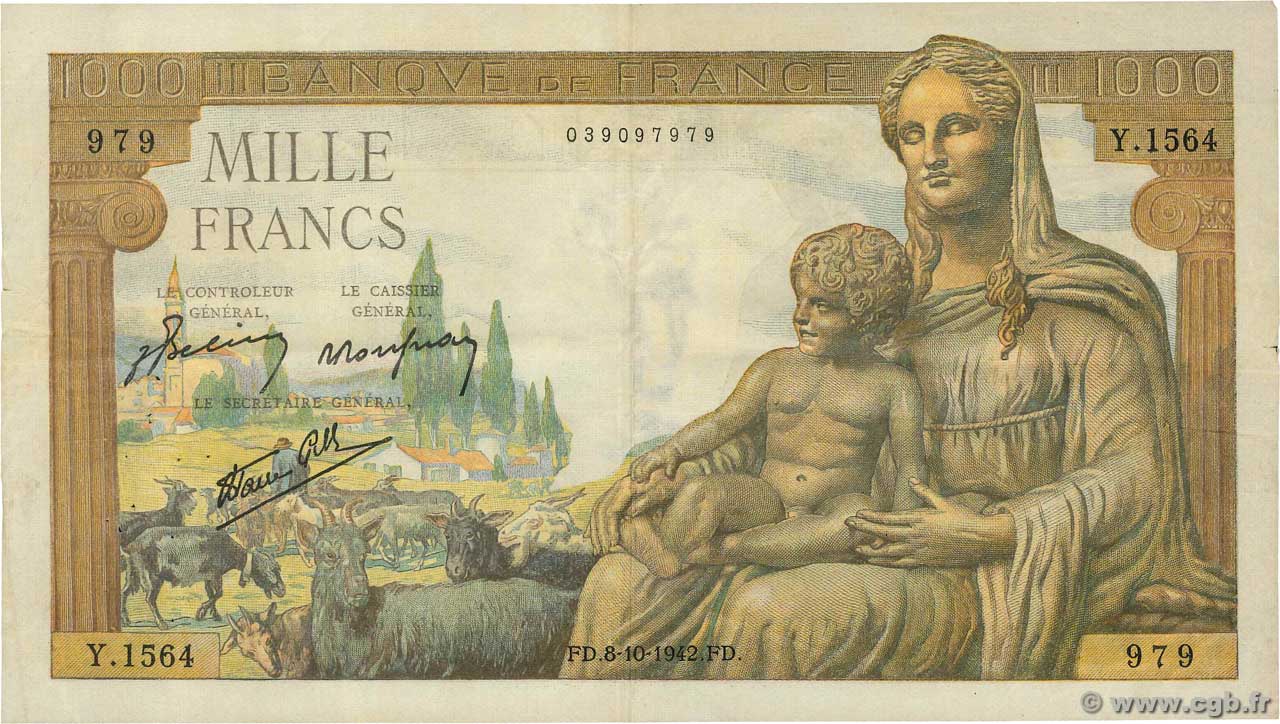 1000 Francs DÉESSE DÉMÉTER FRANCIA  1942 F.40.08 BC+