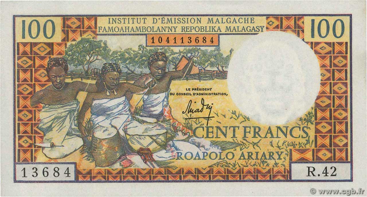 100 Francs - 20 Ariary MADAGASKAR  1966 P.057a VZ