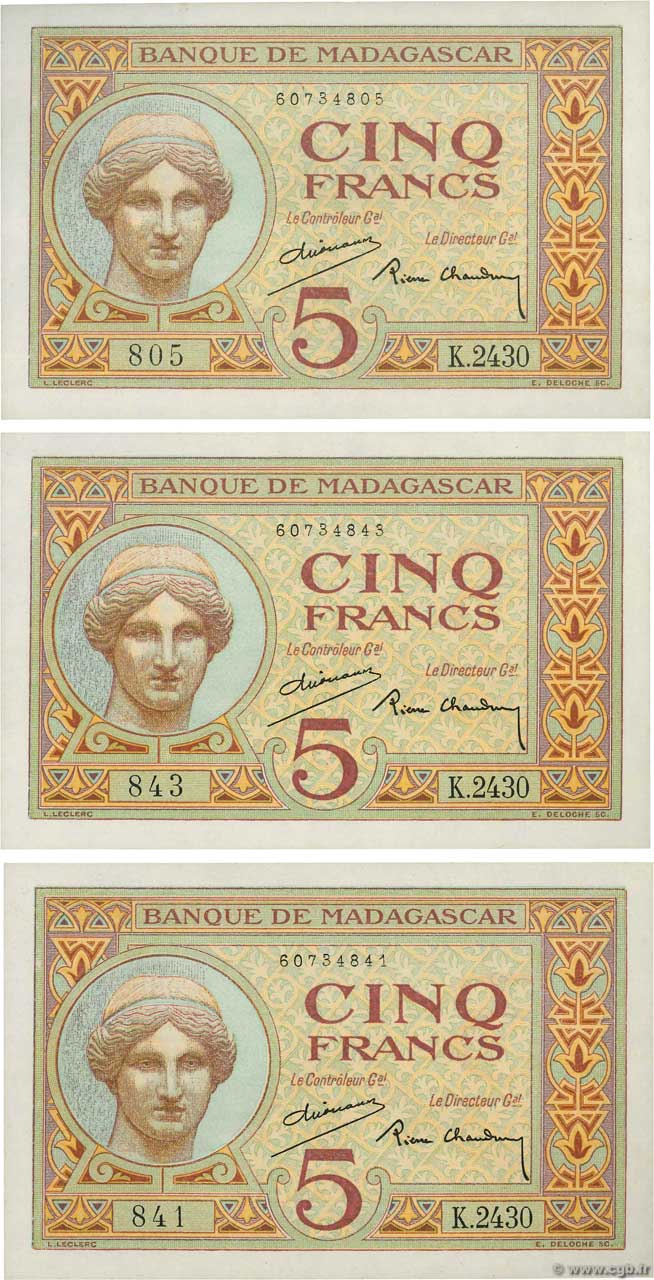 5 Francs Lot MADAGASCAR  1937 P.035 pr.NEUF