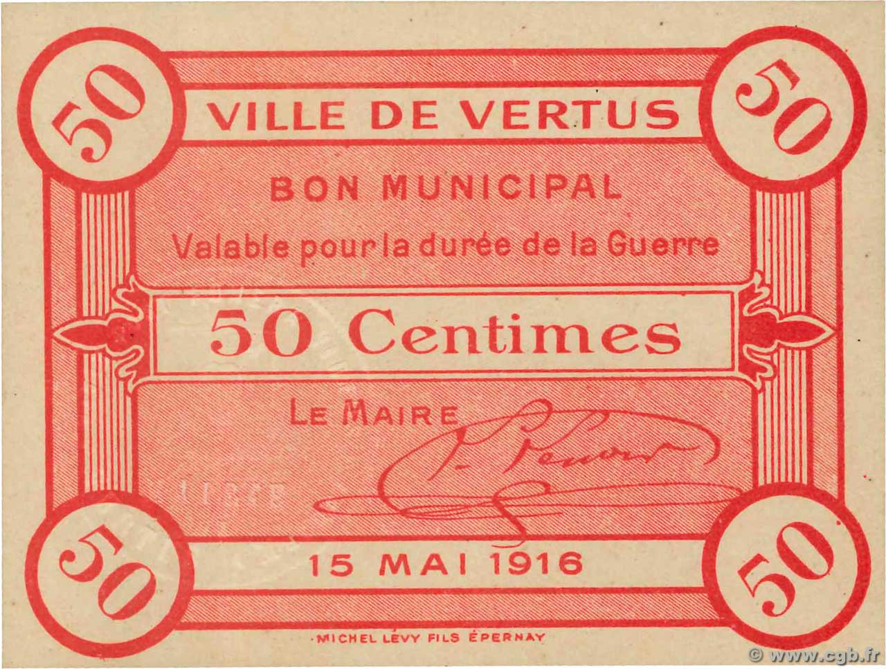 50 Centimes FRANCE regionalism and various Vertus 1916 JP.51-54 XF
