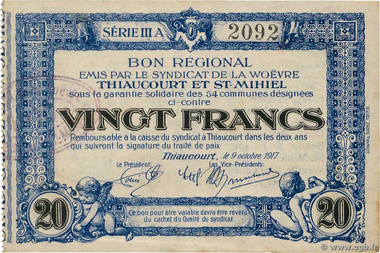 20 Francs FRANCE régionalisme et divers Thiaucourt Et St Mihiel 1917 JP.54-105 SUP