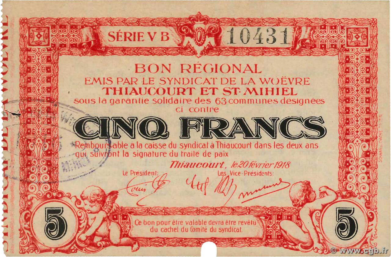 5 Francs FRANCE Regionalismus und verschiedenen Thiaucourt Et St Mihiel 1918 JP.54-109 VZ