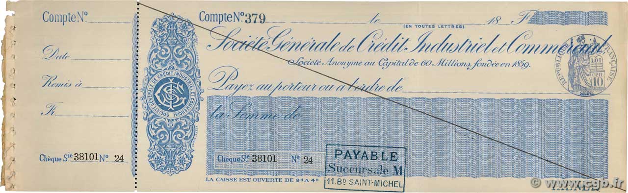 Francs FRANCE regionalism and various Paris 1874 DOC.Chèque XF