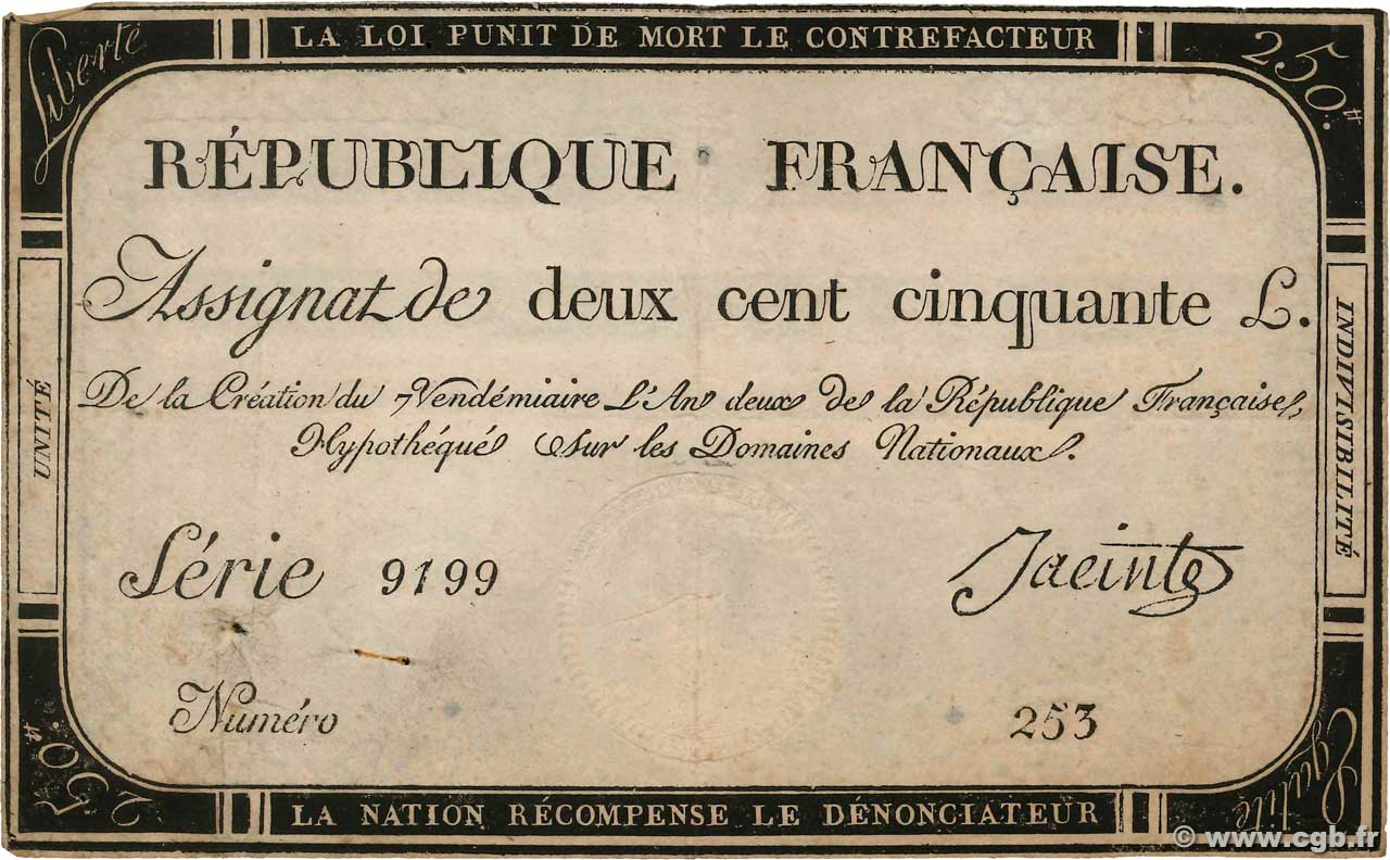 250 Livres FRANCE  1793 Ass.45a TB