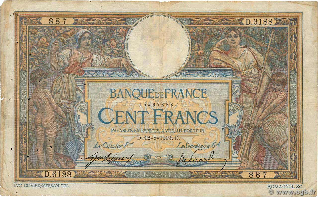 100 Francs LUC OLIVIER MERSON sans LOM FRANCIA  1919 F.23.11 B