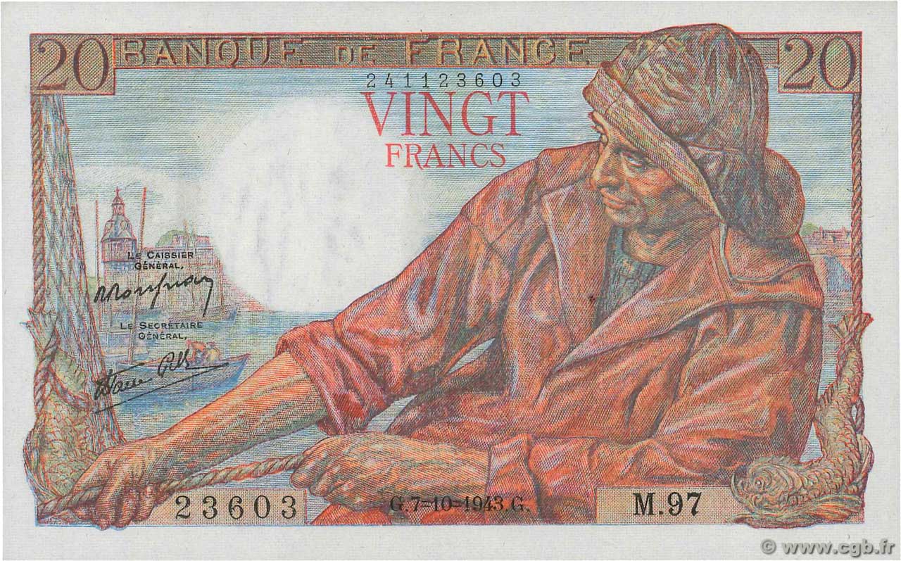 20 Francs PÊCHEUR FRANCE  1943 F.13.07 pr.NEUF