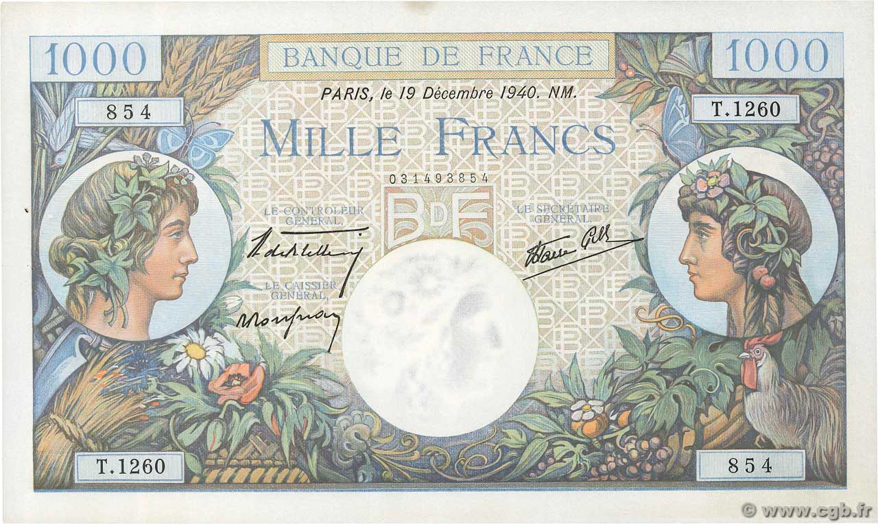 1000 Francs COMMERCE ET INDUSTRIE FRANCIA  1940 F.39.03 q.AU