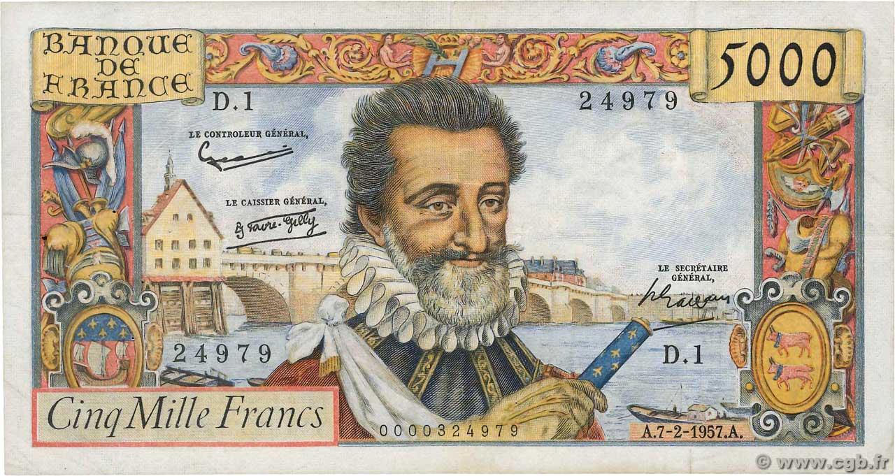 5000 Francs HENRI IV Petit numéro FRANKREICH  1957 F.49.01 S