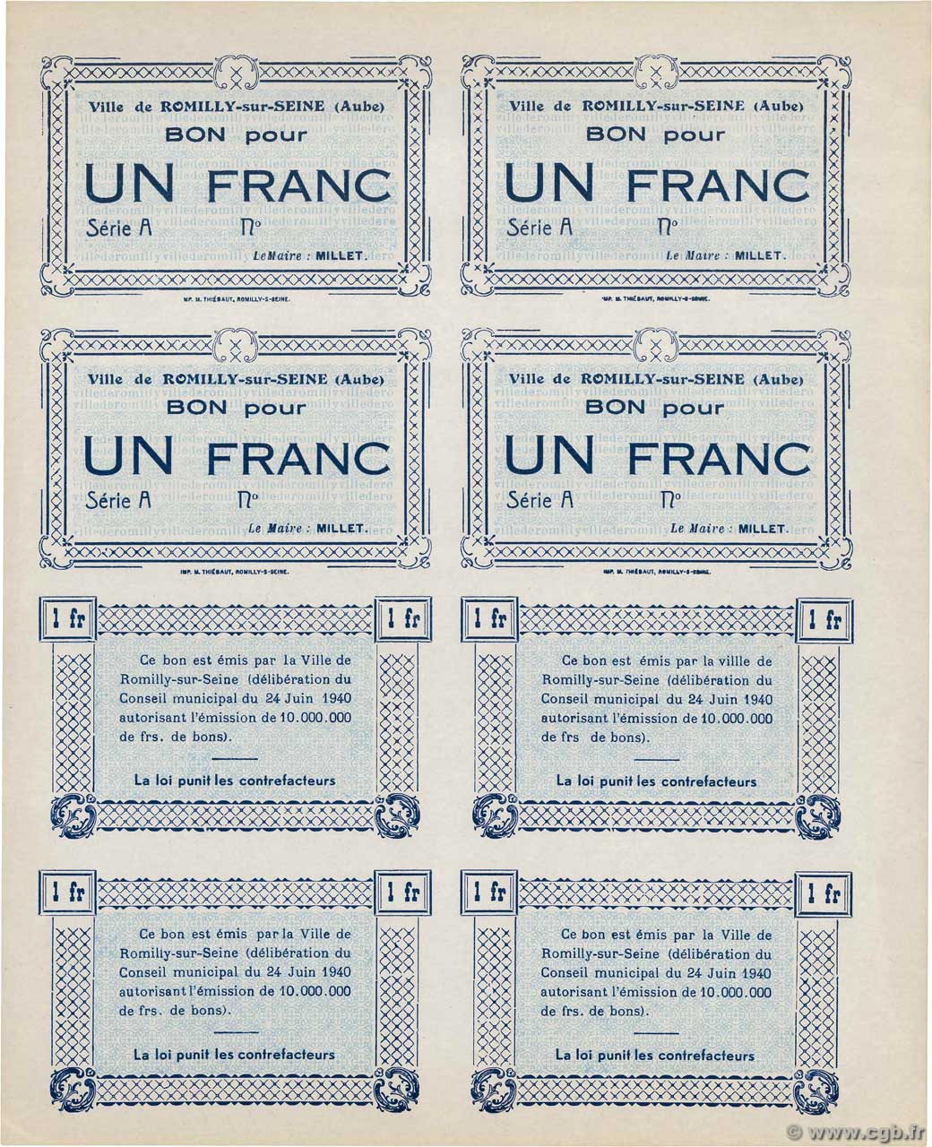 1 Franc Planche FRANCE regionalism and miscellaneous Romilly-Sur-Seine 1940 K.100b AU-