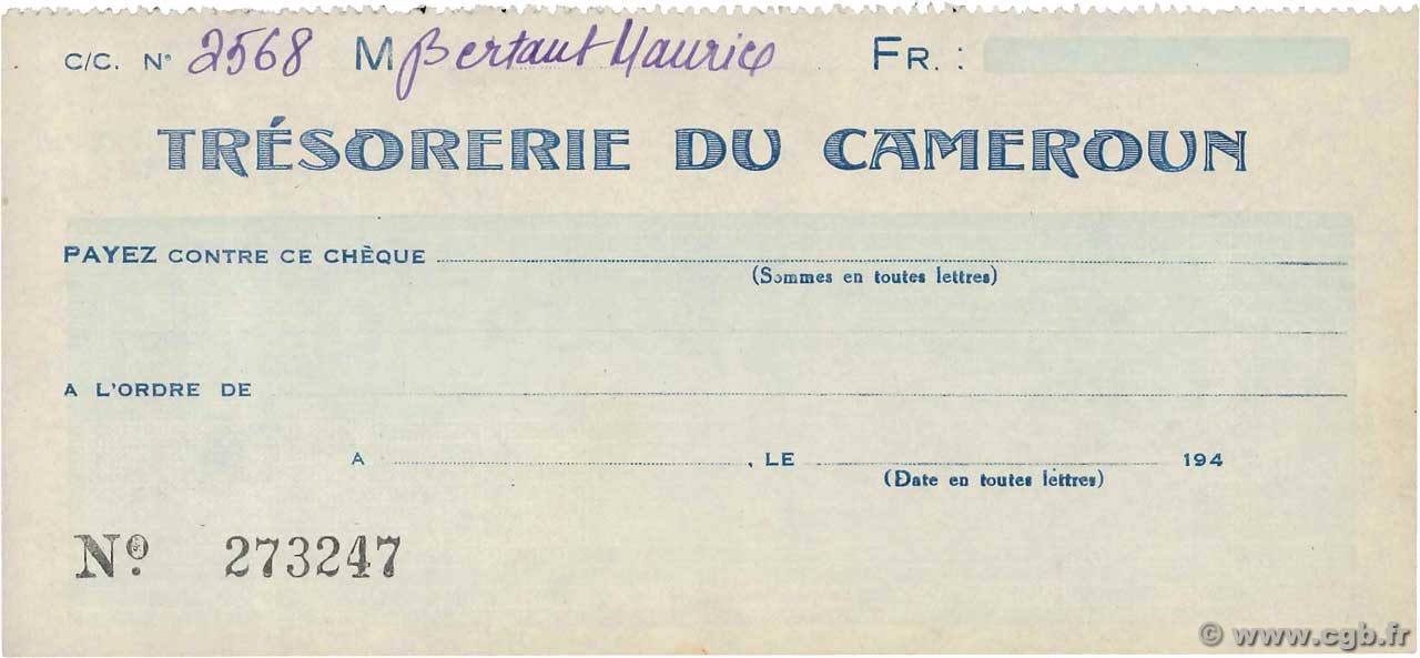 Francs FRANCE régionalisme et divers  1940 DOC.Chèque TTB+