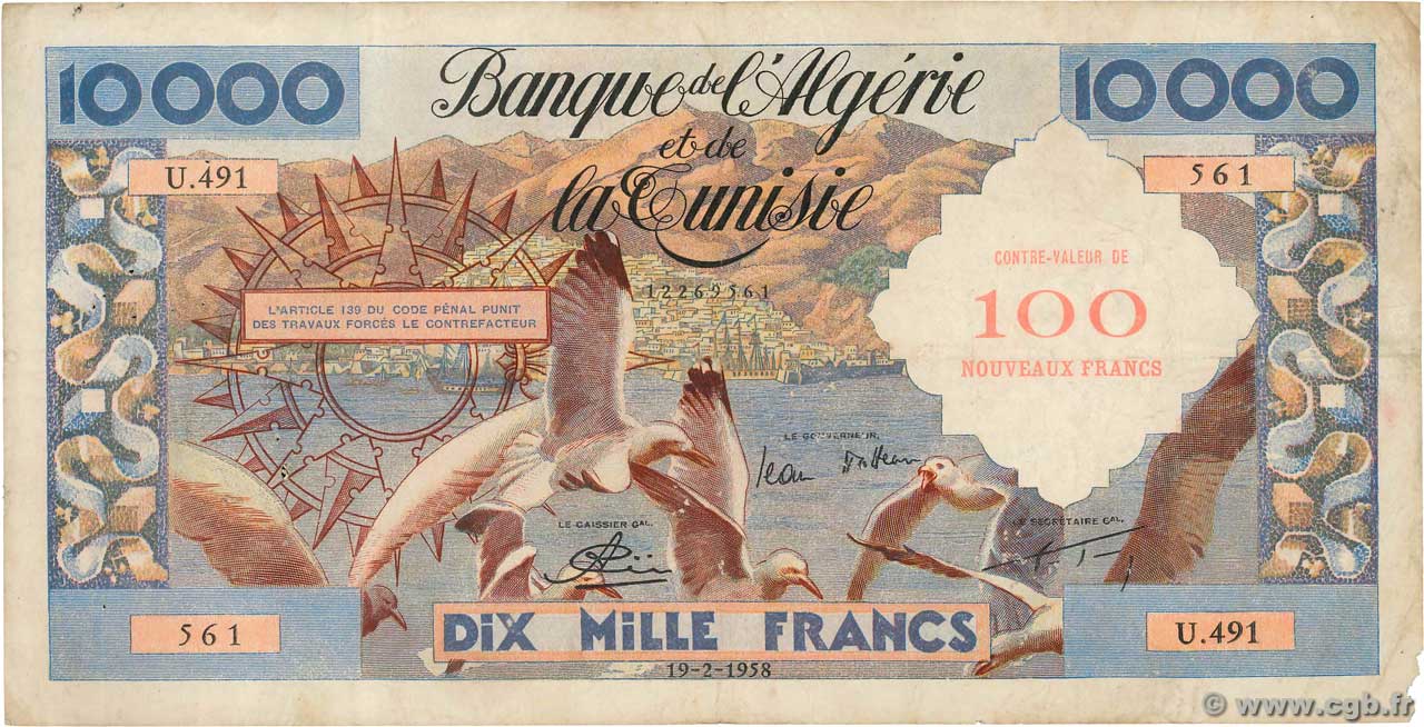 100 Nouveaux Francs sur 10000 Francs ALGERIA  1958 P.114 q.MB
