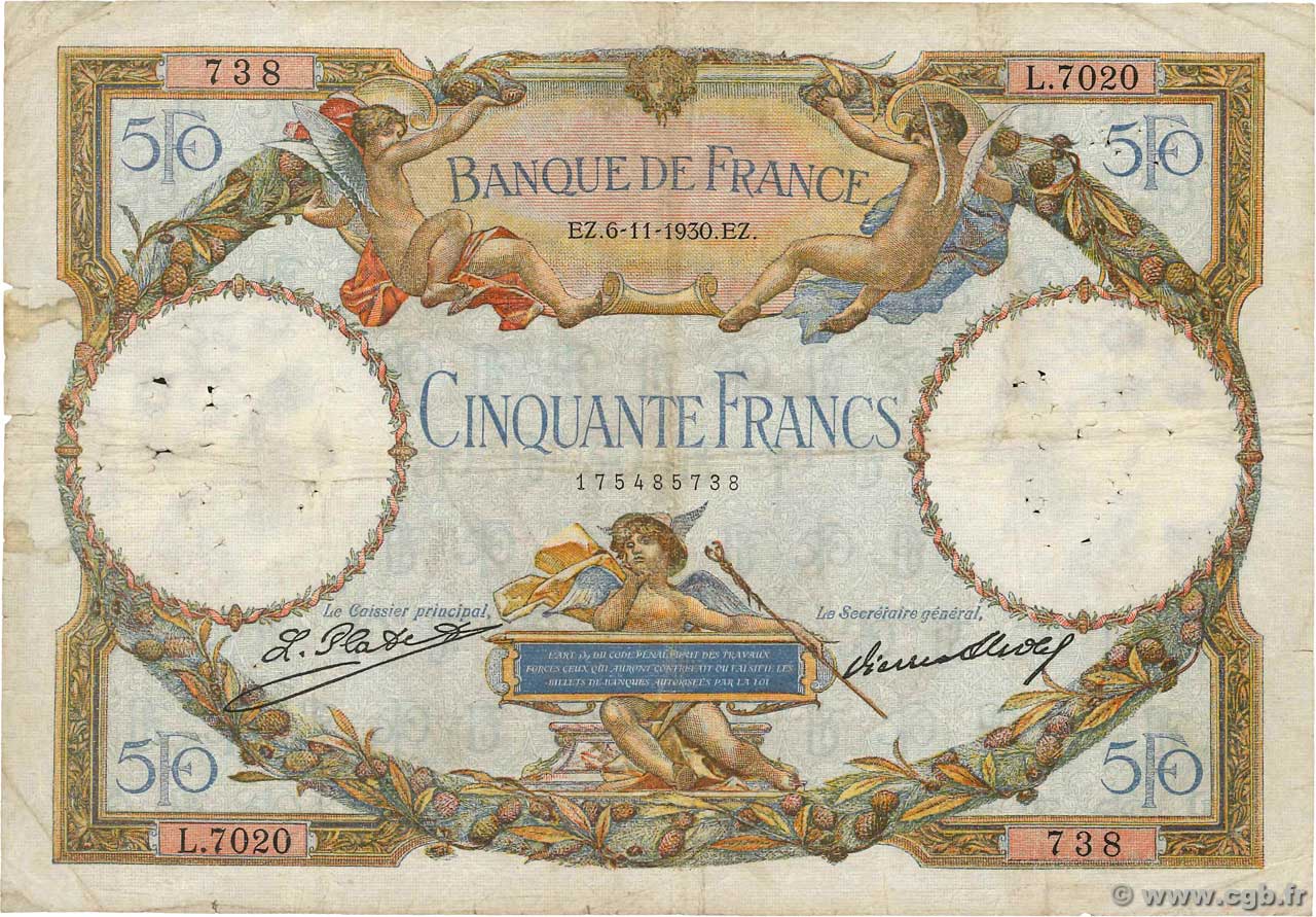 50 Francs LUC OLIVIER MERSON type modifié FRANCIA  1930 F.16.01 B