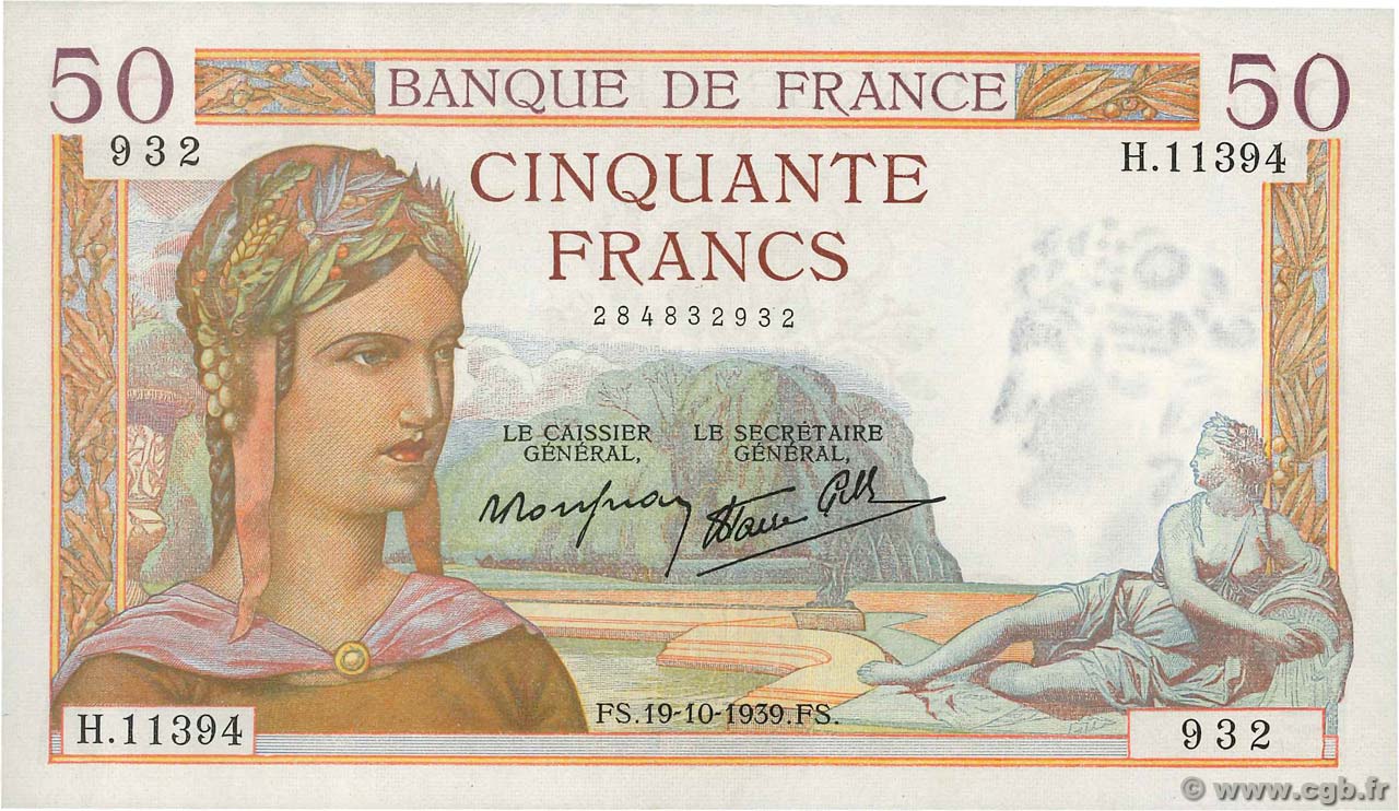 50 Francs CÉRÈS modifié FRANCE  1939 F.18.33 pr.SPL