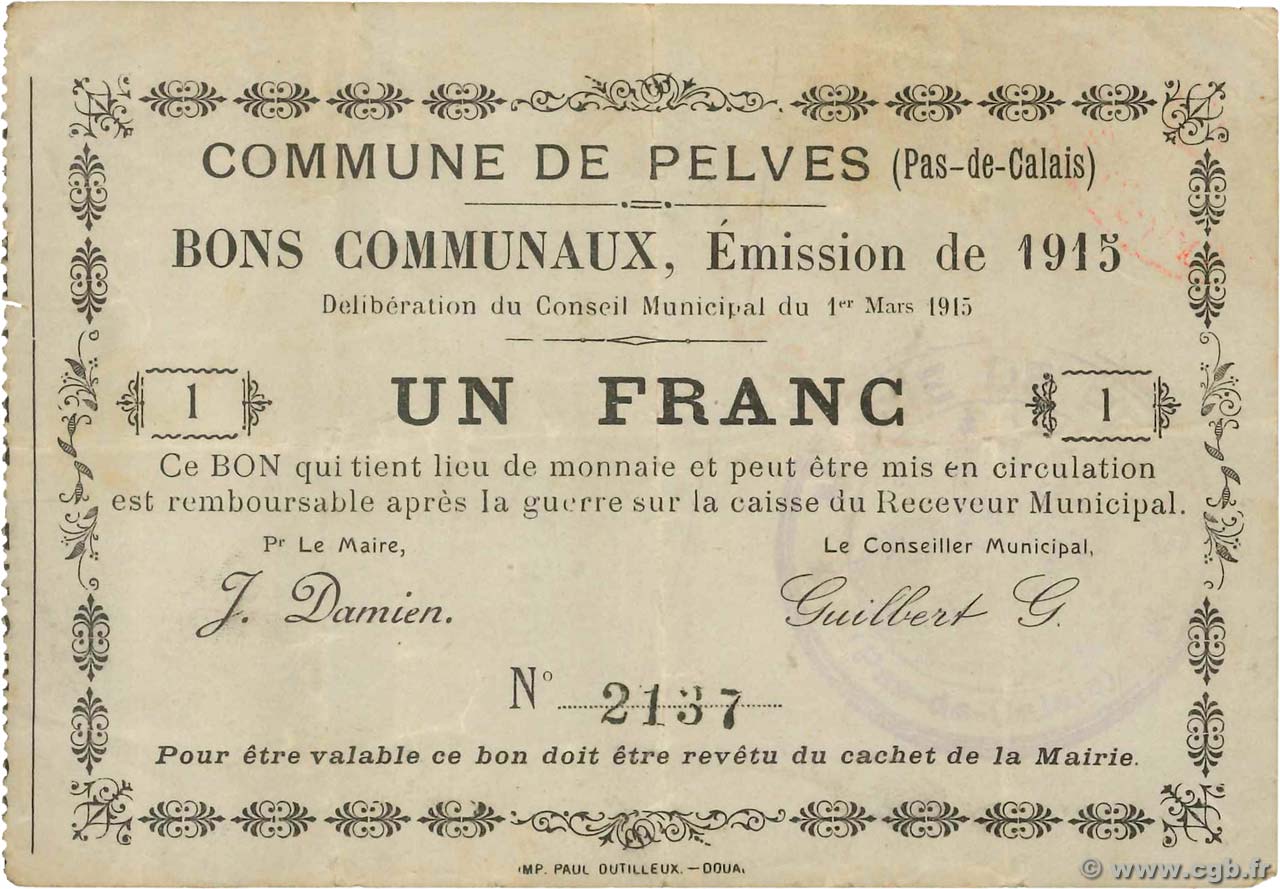 1 Franc FRANCE régionalisme et divers Pelves 1915 JP.62-1114 TTB