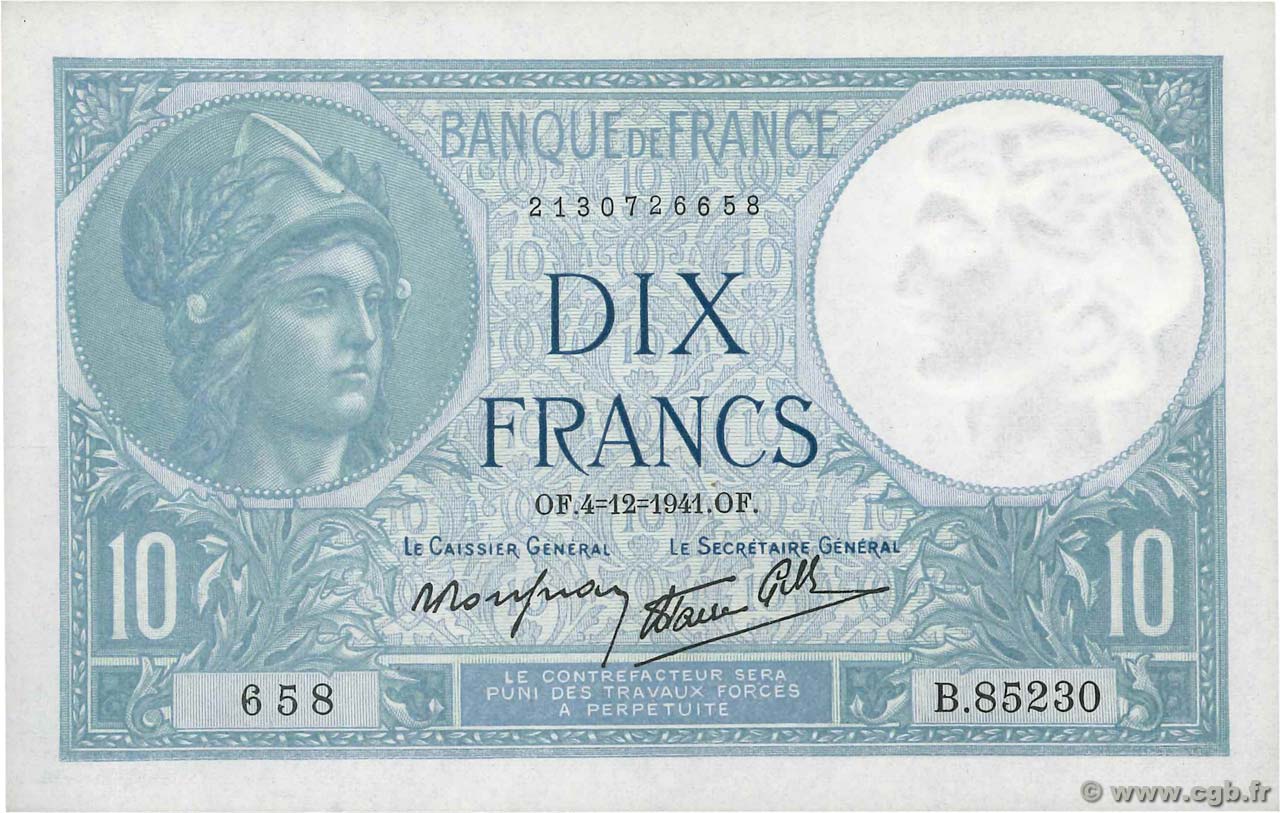 10 Francs MINERVE modifié FRANCE  1941 F.07.30 AU+