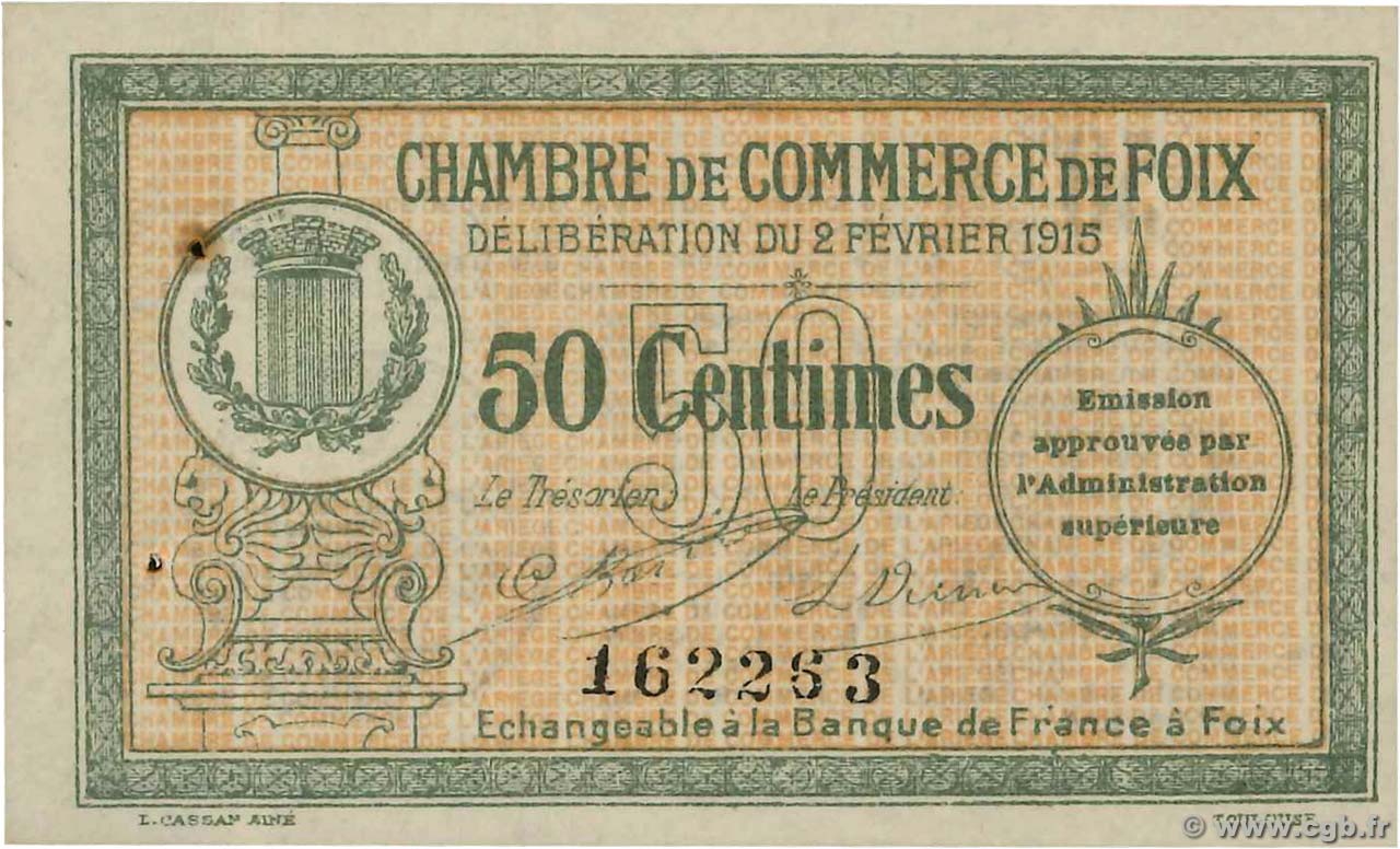 50 Centimes FRANCE regionalism and various Foix 1915 JP.059.05var. XF