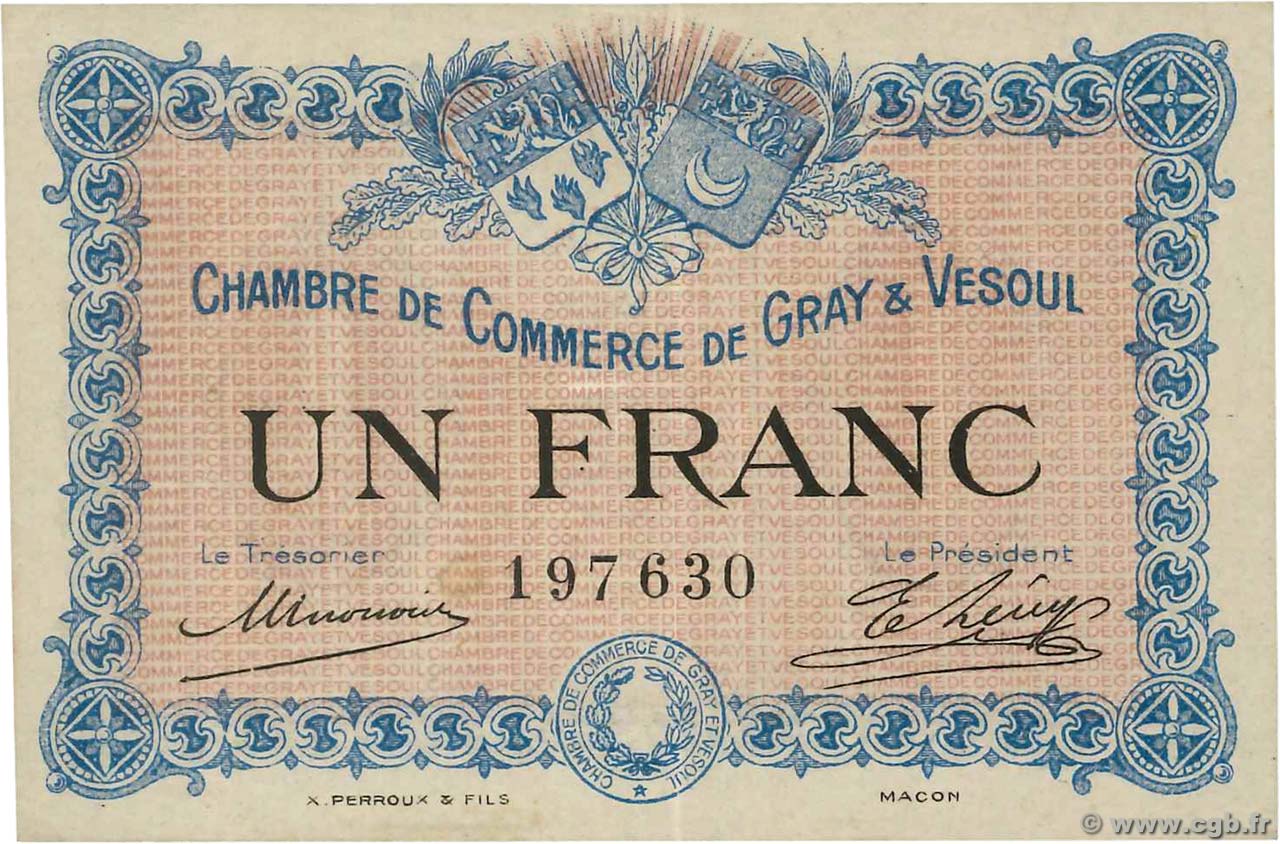 1 Franc FRANCE régionalisme et divers Gray et Vesoul 1915 JP.062.03 SUP+